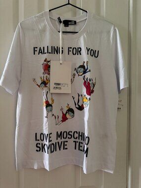 Moschino "Falling For You-Skydive Team" White Tee, Size IT 44/US 8